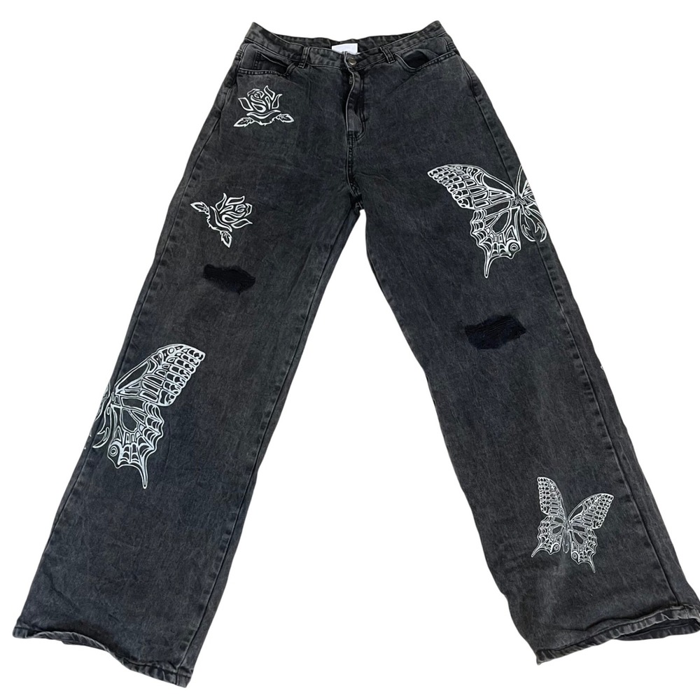 Daisy Street Black Wash Butterfly Rose Distressed Wide Leg Jeans Women's LG